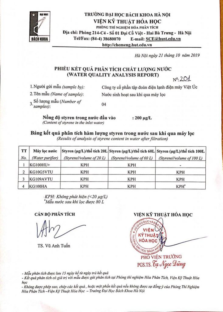 Kết quả kiểm nghiệm khả năng lọc Styrene của máy lọc nước Kangaroo #1 7
