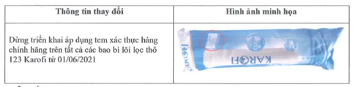 THÔNG BÁO DỪNG TEM XÁC THỰC HÀNG CHÍNH HÃNG TRÊN LÕI LỌC THÔ 123 KAROFI 8 THÔNG BÁO DỪNG TEM XÁC THỰC HÀNG CHÍNH HÃNG TRÊN LÕI LỌC THÔ 123 KAROFI 3
