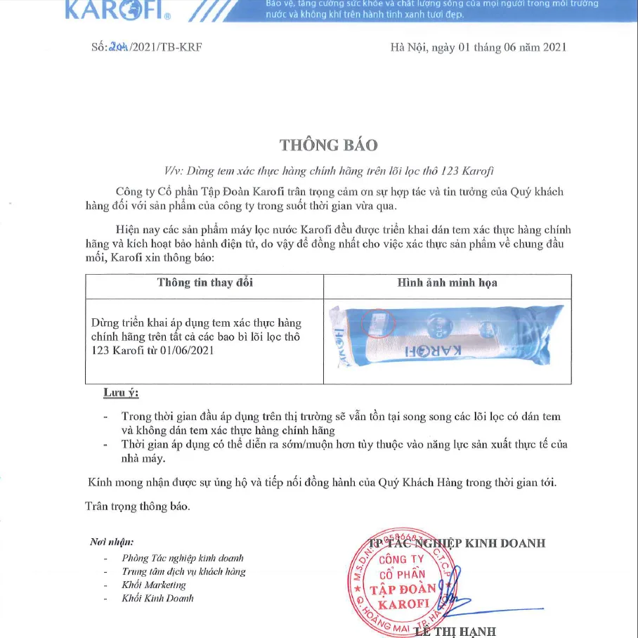 THÔNG BÁO DỪNG TEM XÁC THỰC HÀNG CHÍNH HÃNG TRÊN LÕI LỌC THÔ 123 KAROFI 2 Lõi lọc thô 123 karofi